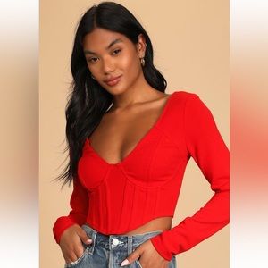 Lulus | Red Long Sleeve Bustier Crop Top | Small